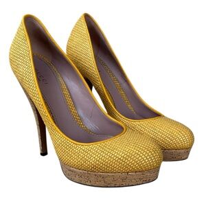 GUCCI Bumblebee Yellow Woven Jute & Cork Platform Heels